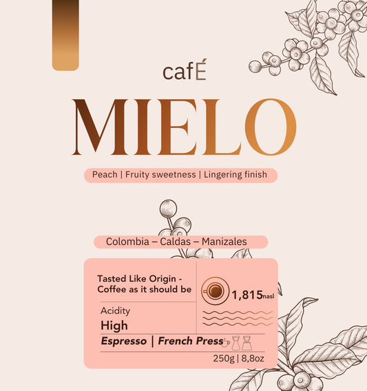 “Café MIELO – Arabica with notes of honey and citrus”

“Single-origin coffee with natural sweetness and citrus freshness”

“Vibrant and sweet MIELO coffee bag”